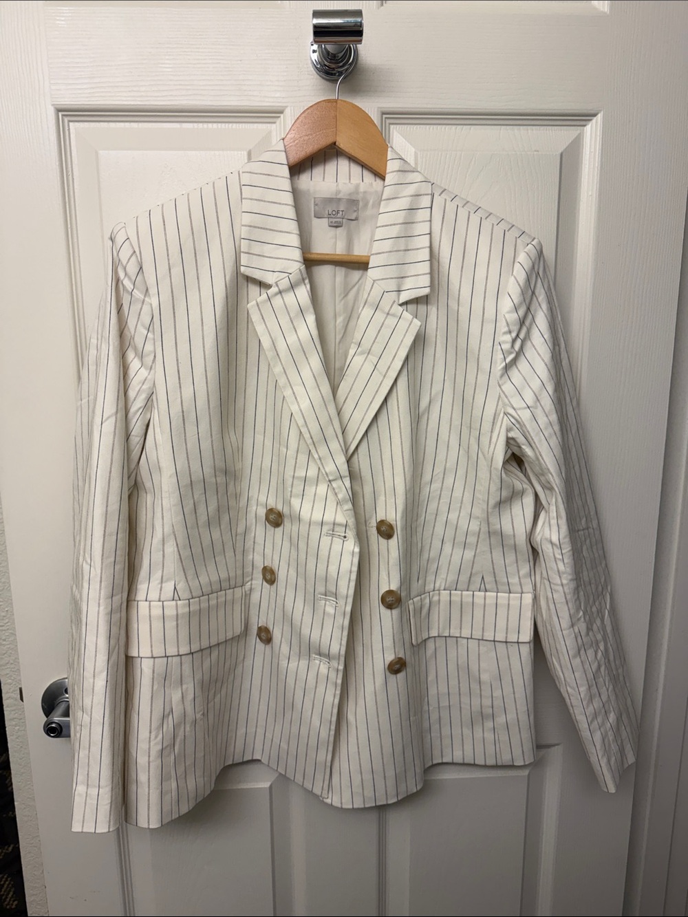 LOFT Cream Pinstripe Double-Breasted Blazer with Gold Buttons
